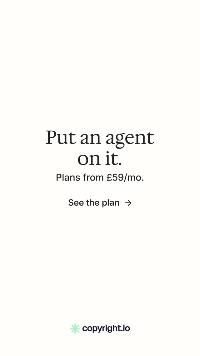 Instagram story for copyright.io: "Put an agent on it.". Minimal luxury style, skeleton layout, light palette in white.