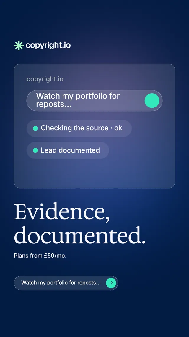 Instagram story for copyright.io: "Evidence, documented.". Agentic glass style, bottom layout, dark palette in blue.