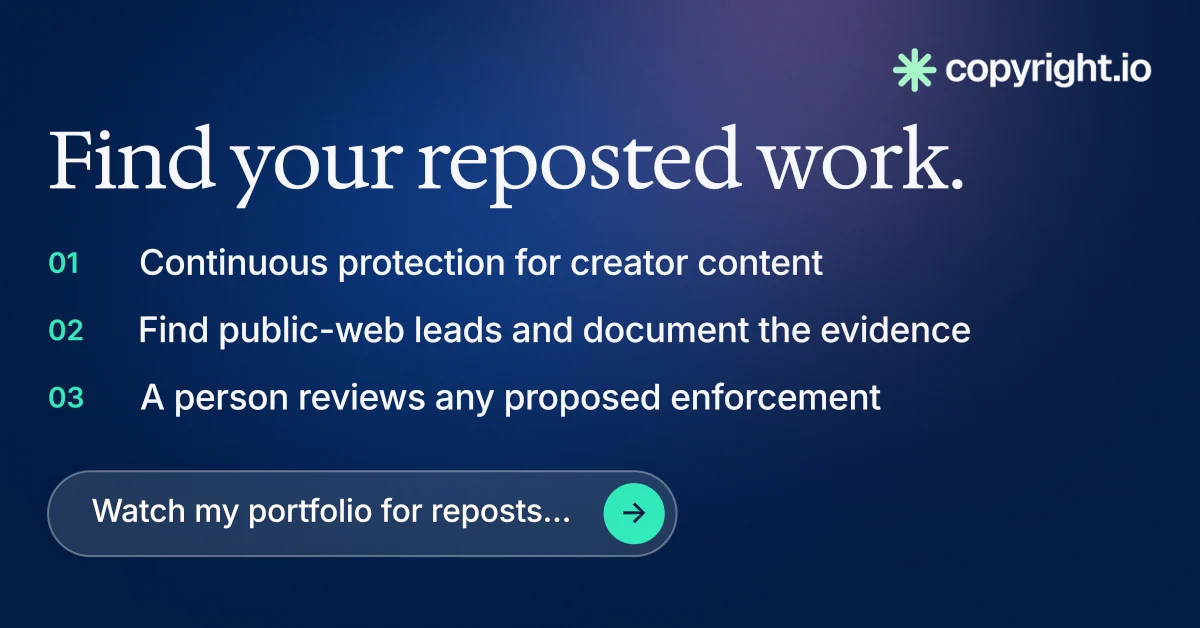 Social ad for copyright.io: "Find your reposted work." Agentic glass style, numbered layout, dark palette in blue.