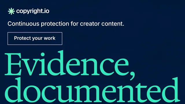 Landscape graphic for copyright.io: "Evidence, documented." Editorial style, oversized layout, dark palette in black, teal, blue.