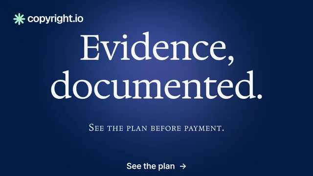 Landscape graphic for copyright.io: "Evidence, documented." Agentic glass style, smallcaps layout, dark palette in blue.