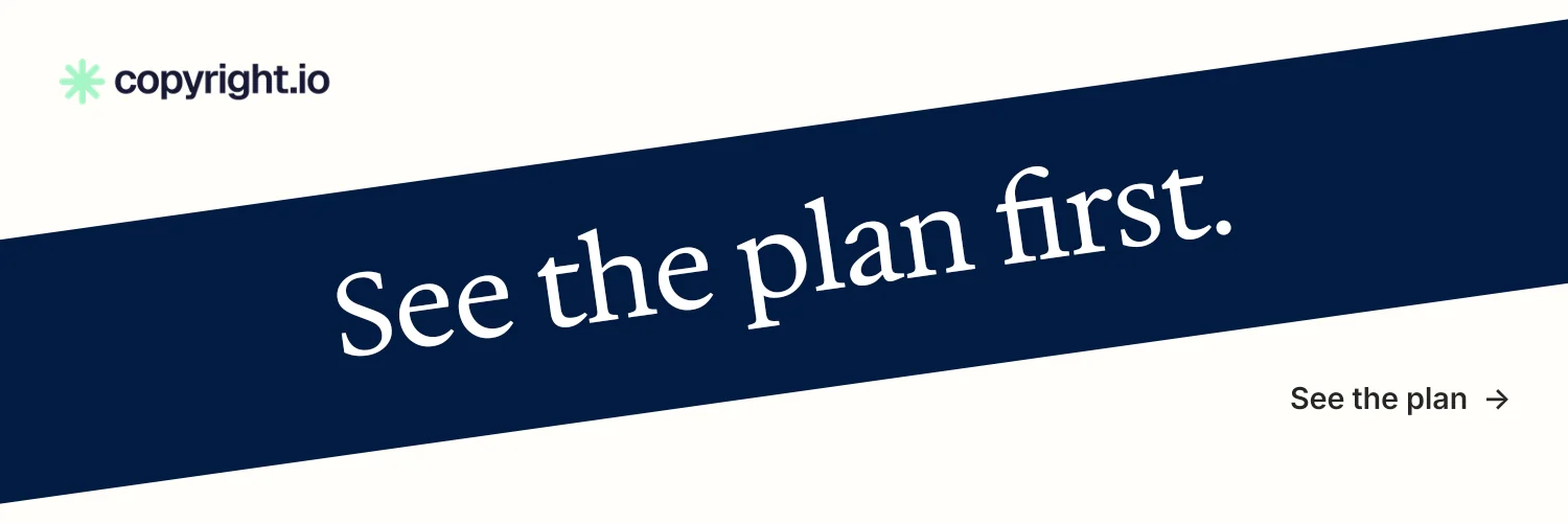 X header for copyright.io: "See the plan first." Minimal luxury style, diagonal layout, light palette in white, blue.
