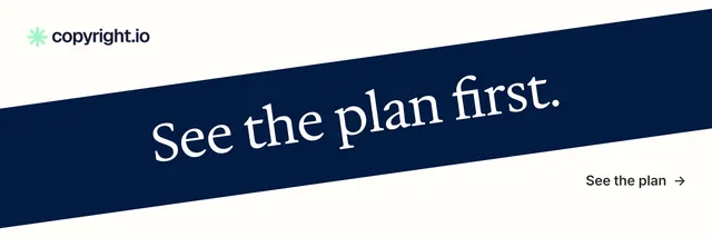 X header for copyright.io: "See the plan first." Minimal luxury style, diagonal layout, light palette in white, blue.