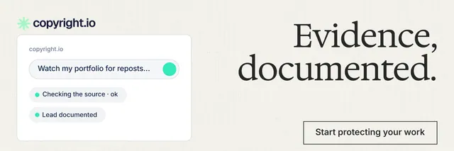 X header for copyright.io: "Evidence, documented." Editorial style, right layout, light palette in white.