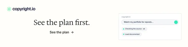 LinkedIn banner for copyright.io: "See the plan first." Minimal luxury style, skeleton layout, light palette in white.