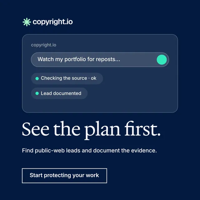 Instagram post for copyright.io: "See the plan first." Editorial style, bottom layout, dark palette in blue.