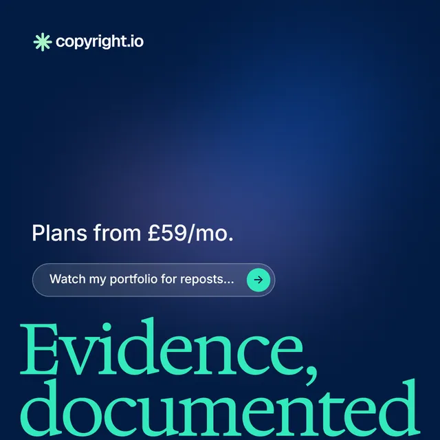 Instagram post for copyright.io: "Reposts don't remove themselves." Agentic glass style, oversized layout, dark palette in blue, teal.