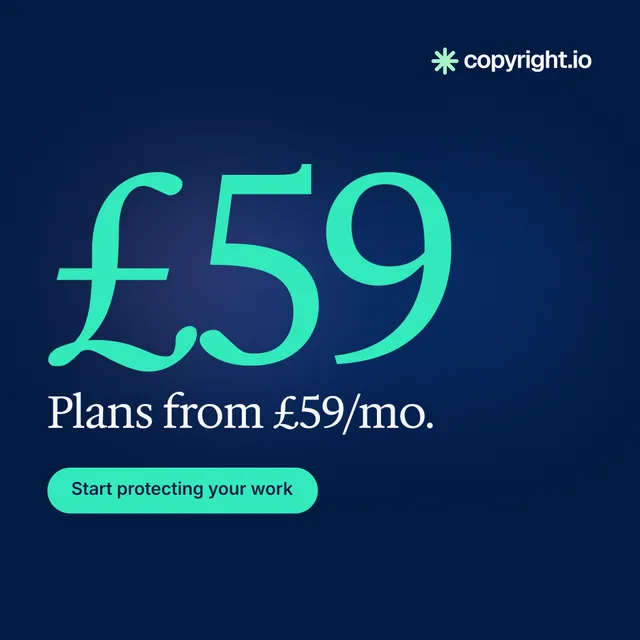 Instagram post for copyright.io: "Put an agent on it." Y2K style, stat layout, dark palette in blue, teal.