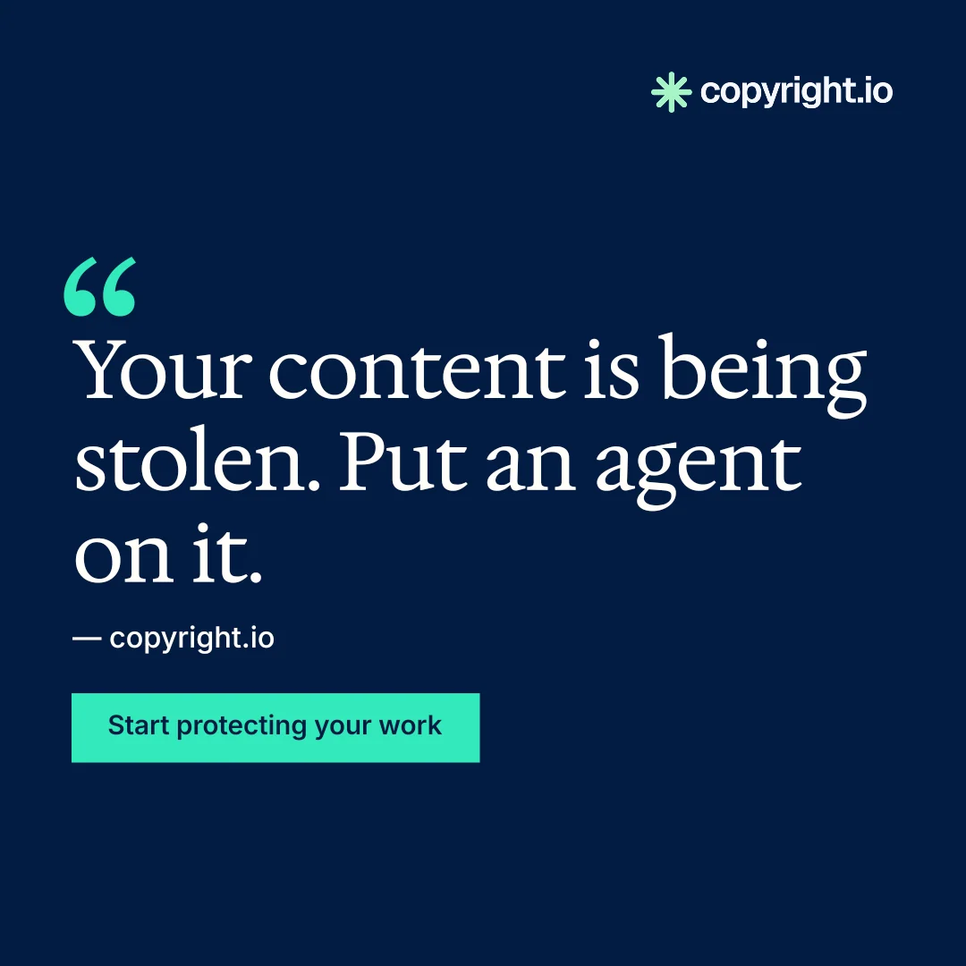Instagram post for copyright.io: "Reposts don't remove themselves." Split block style, quote layout, dark palette in blue.