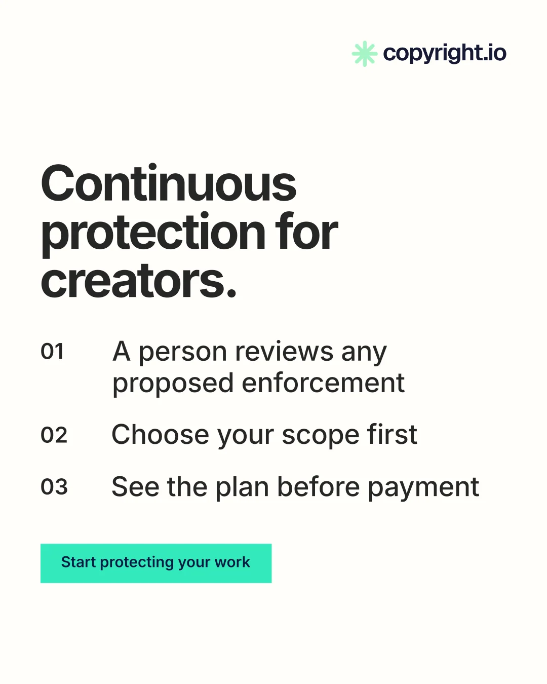 Instagram portrait post for copyright.io: "Continuous protection for creators." Swiss style, numbered layout, light palette in white, grey.