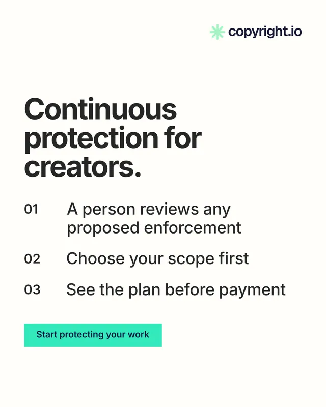 Instagram portrait post for copyright.io: "Continuous protection for creators." Swiss style, numbered layout, light palette in white, grey.