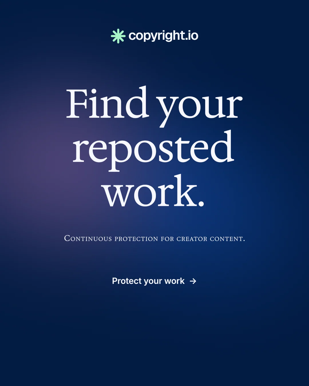 Instagram portrait post for copyright.io: "Find your reposted work." Y2K style, smallcaps layout, dark palette in blue.