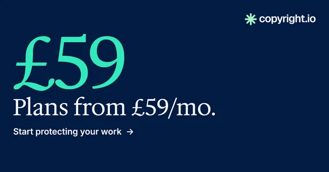 Social ad for copyright.io: "Put an agent on it." Minimal luxury style, stat layout, dark palette in blue, teal.