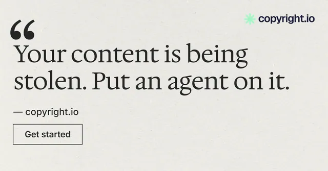 Social ad for copyright.io: "Your content is being stolen." Editorial style, quote layout, light palette in white, grey.