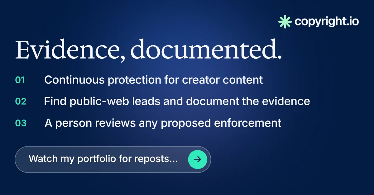 Social ad for copyright.io: "Evidence, documented." Agentic glass style, numbered layout, dark palette in blue.