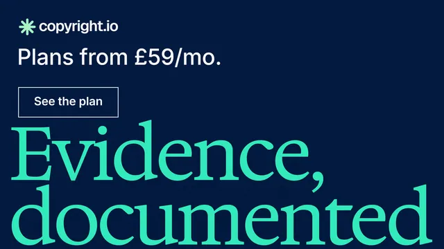 Landscape graphic for copyright.io: "Evidence, documented." Editorial style, oversized layout, dark palette in blue, teal, black.