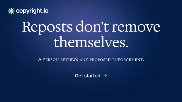 Landscape graphic for copyright.io: "Reposts don't remove themselves." Agentic glass style, smallcaps layout, dark palette in blue.