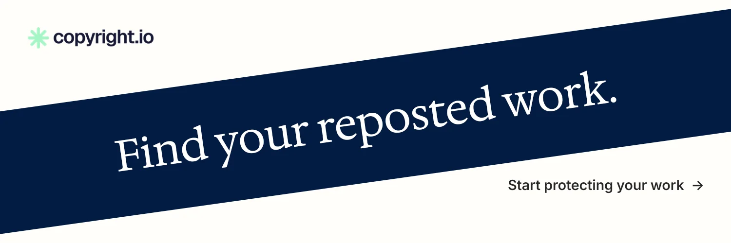 X header for copyright.io: "Find your reposted work." Minimal luxury style, diagonal layout, light palette in white, blue.