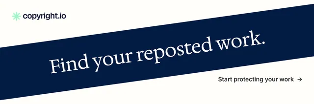 X header for copyright.io: "Find your reposted work." Minimal luxury style, diagonal layout, light palette in white, blue.