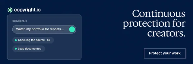 X header for copyright.io: "Continuous protection for creators." Editorial style, right layout, dark palette in blue.