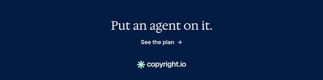LinkedIn banner for copyright.io: "Put an agent on it." Minimal luxury style, skeleton layout, dark palette in blue.