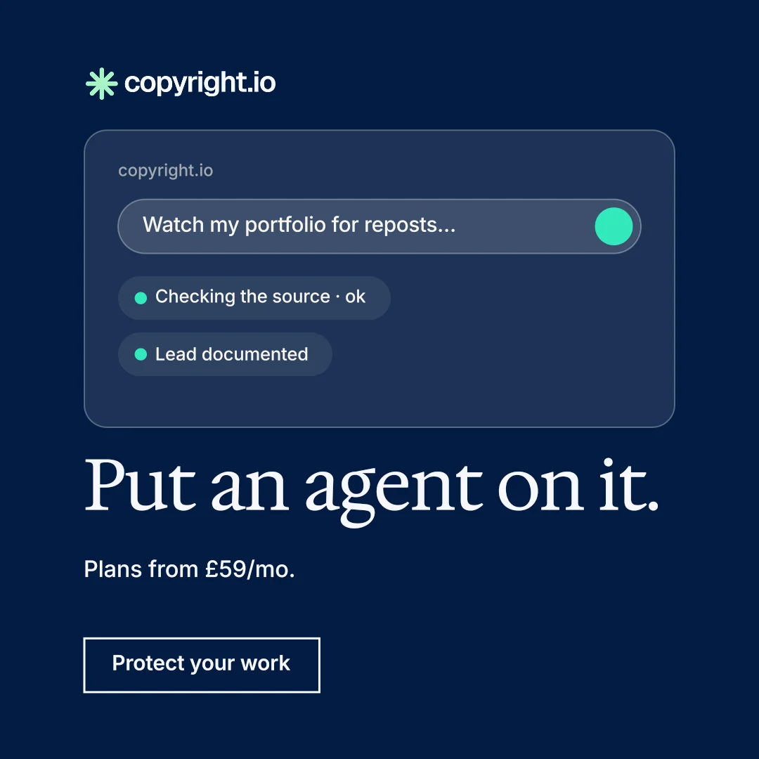 Instagram post for copyright.io: "Put an agent on it." Editorial style, bottom layout, dark palette in blue.
