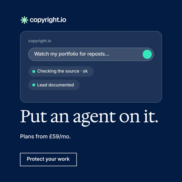 Instagram post for copyright.io: "Put an agent on it." Editorial style, bottom layout, dark palette in blue.