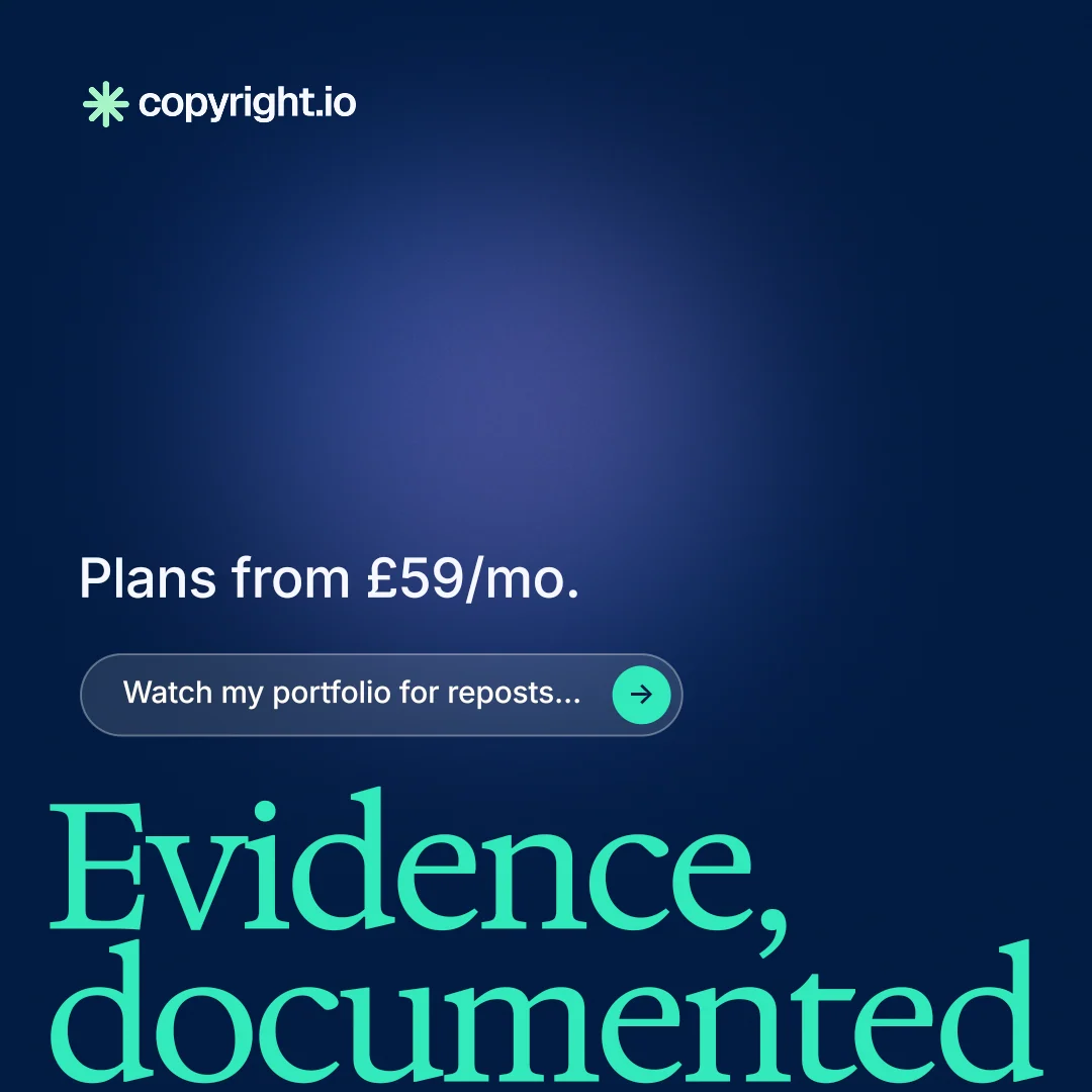 Instagram post for copyright.io: "See the plan first." Agentic glass style, oversized layout, dark palette in blue.