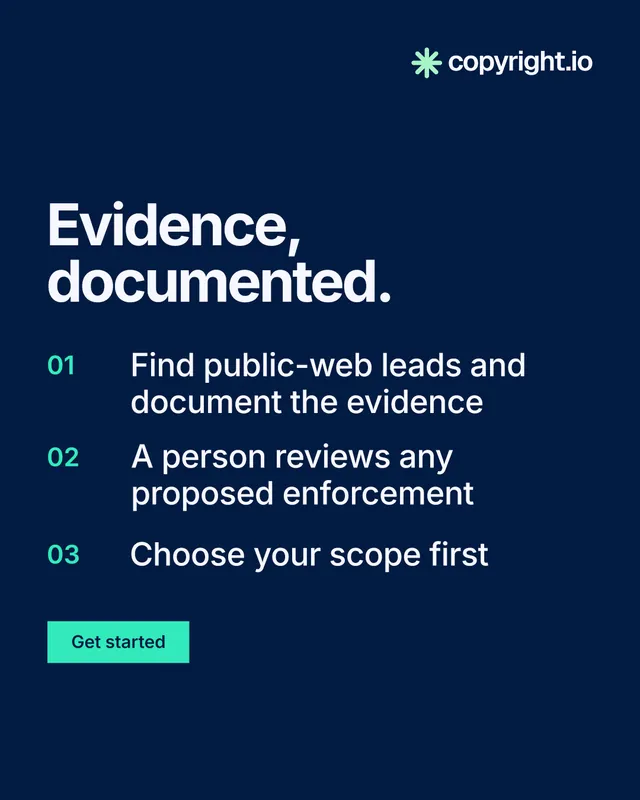 Instagram portrait post for copyright.io: "Evidence, documented." Swiss style, numbered layout, dark palette in blue.