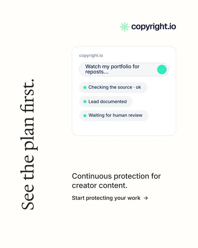 Instagram portrait post for copyright.io: "See the plan first." Minimal luxury style, vertical layout, light palette in white.