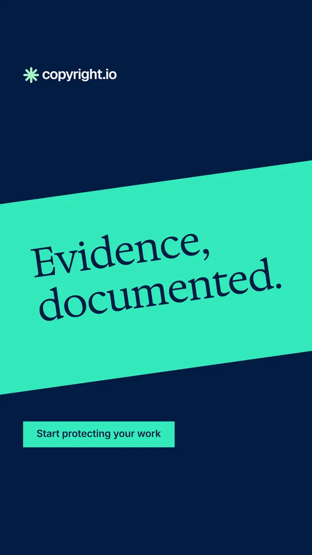 Instagram story for copyright.io: "Evidence, documented." Split block style, diagonal layout, dark palette in blue, teal.