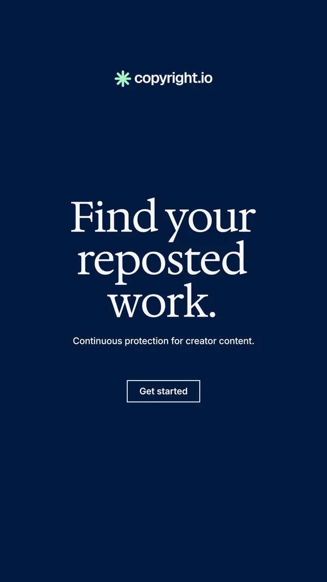 Instagram story for copyright.io: "Find your reposted work." Editorial style, centred layout, dark palette in blue.