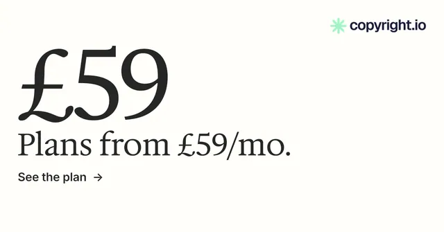 Social ad for copyright.io: "Protect your work." Minimal luxury style, stat layout, light palette in white, grey.