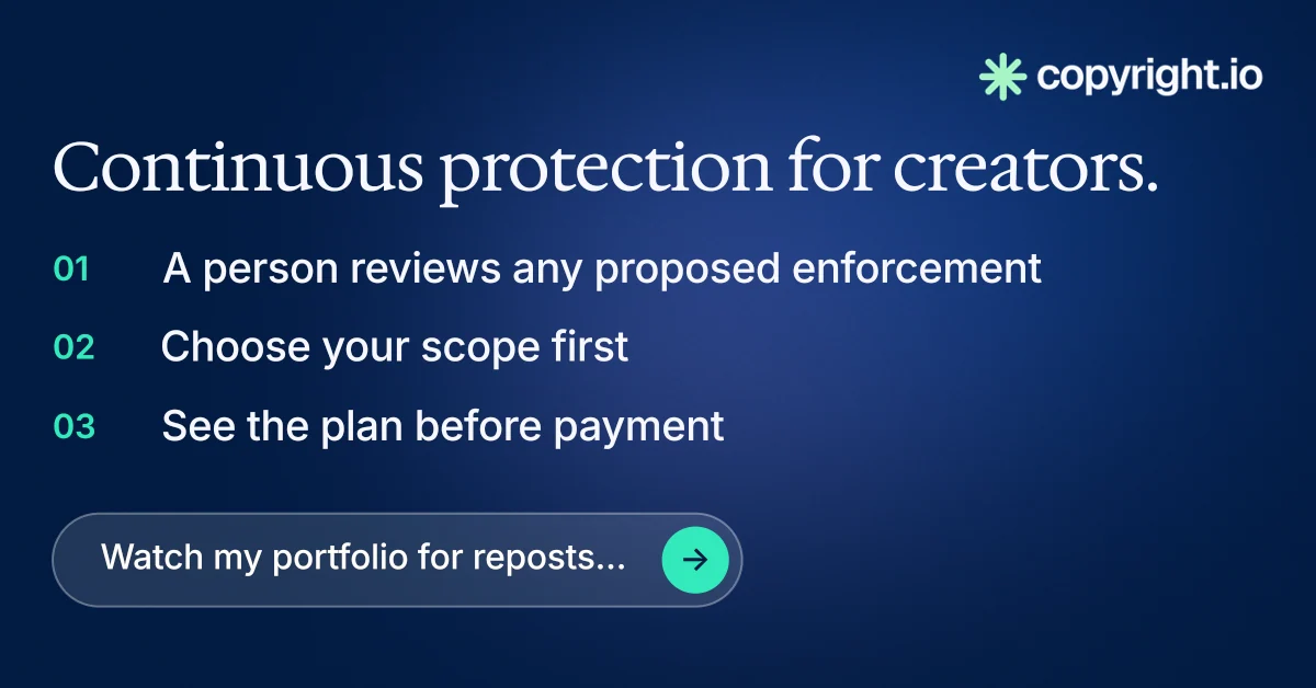 Social ad for copyright.io: "Continuous protection for creators." Agentic glass style, numbered layout, dark palette in blue.