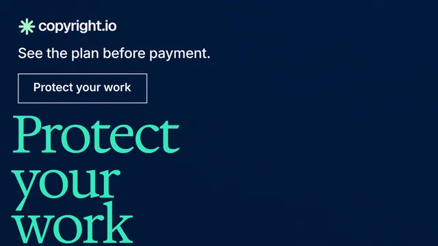 Landscape graphic for copyright.io: "Continuous protection for creators." Editorial style, oversized layout, dark palette in black, blue, teal.