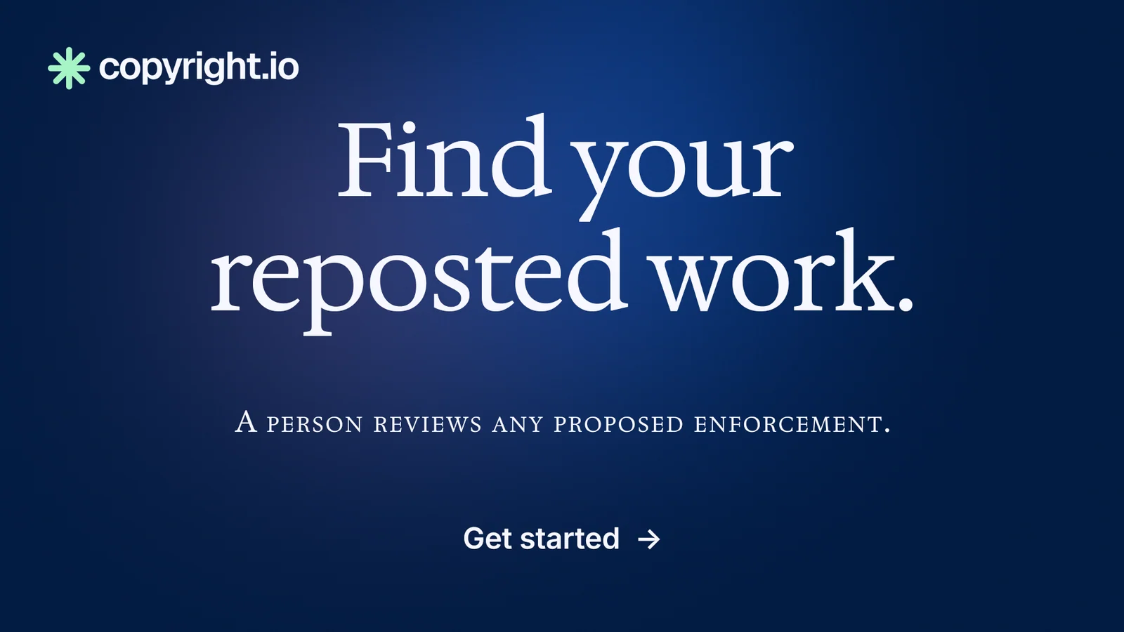 Landscape graphic for copyright.io: "Find your reposted work." Agentic glass style, smallcaps layout, dark palette in blue.