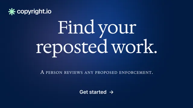 Landscape graphic for copyright.io: "Find your reposted work." Agentic glass style, smallcaps layout, dark palette in blue.