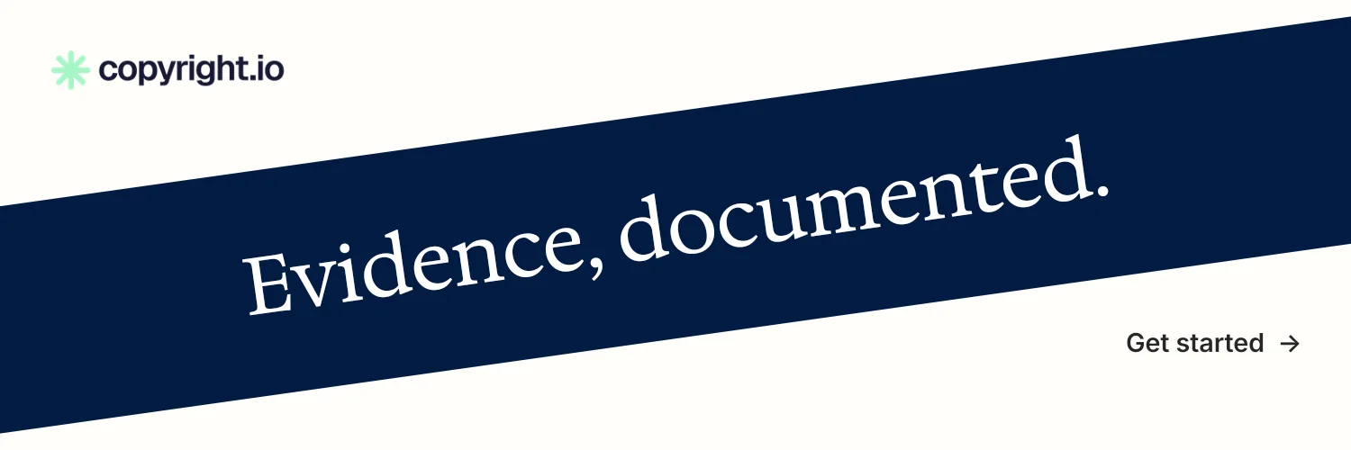 X header for copyright.io: "Evidence, documented." Minimal luxury style, diagonal layout, light palette in white, blue.