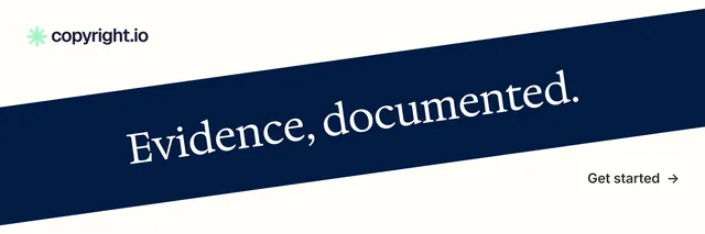 X header for copyright.io: "Evidence, documented." Minimal luxury style, diagonal layout, light palette in white, blue.