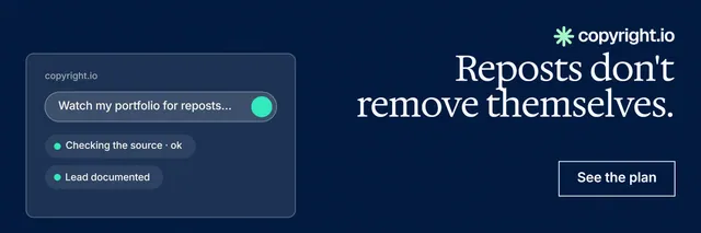 X header for copyright.io: "Reposts don't remove themselves." Editorial style, right layout, dark palette in blue.