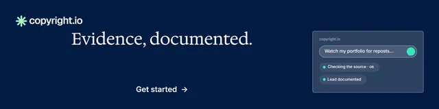 LinkedIn banner for copyright.io: "Evidence, documented." Minimal luxury style, skeleton layout, dark palette in blue.