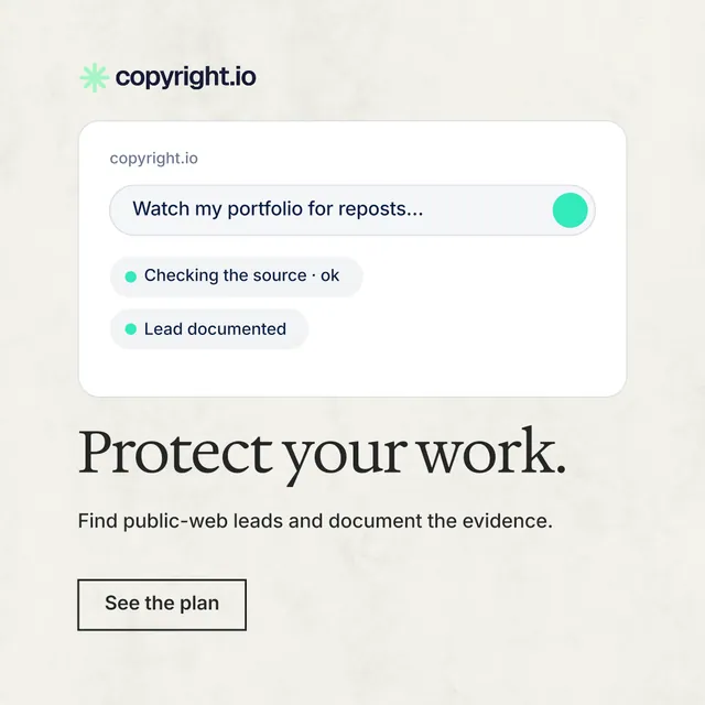 Instagram post for copyright.io: "Protect your work." Editorial style, bottom layout, light palette in white.