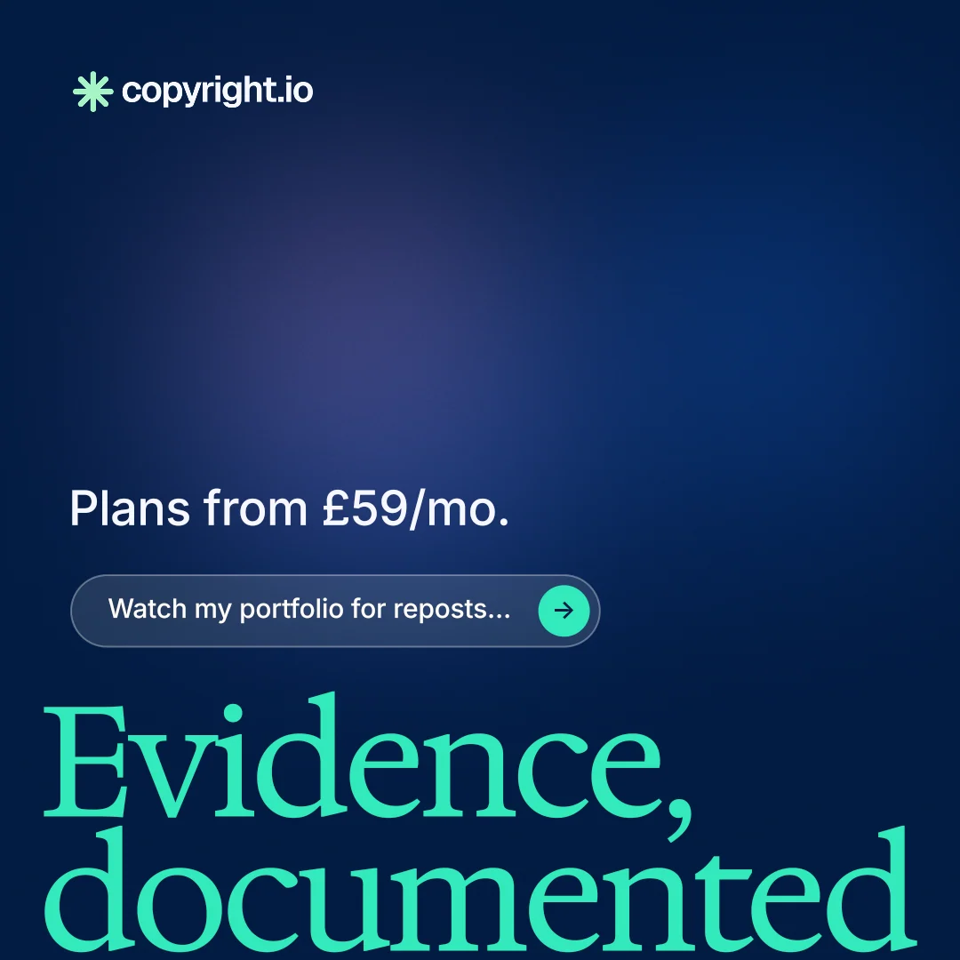 Instagram post for copyright.io: "Continuous protection for creators." Agentic glass style, oversized layout, dark palette in blue.