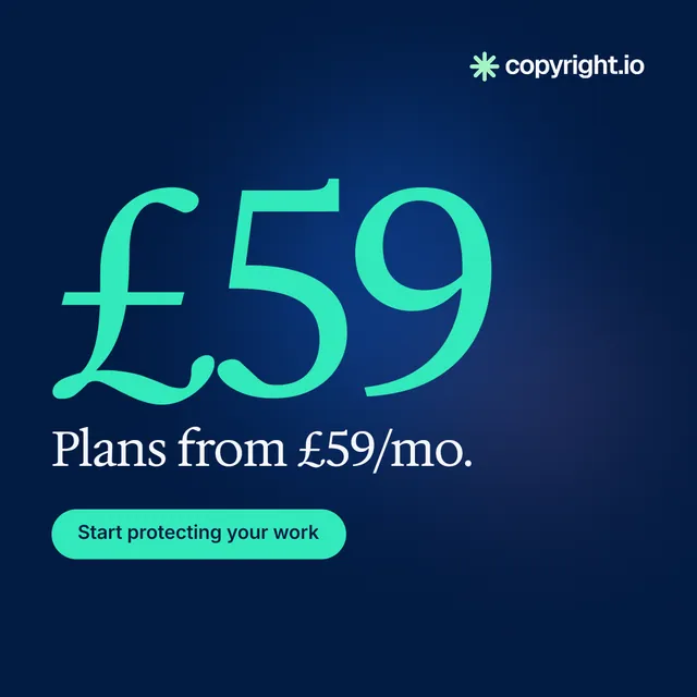 Instagram post for copyright.io: "Protect your work." Y2K style, stat layout, dark palette in blue, teal.