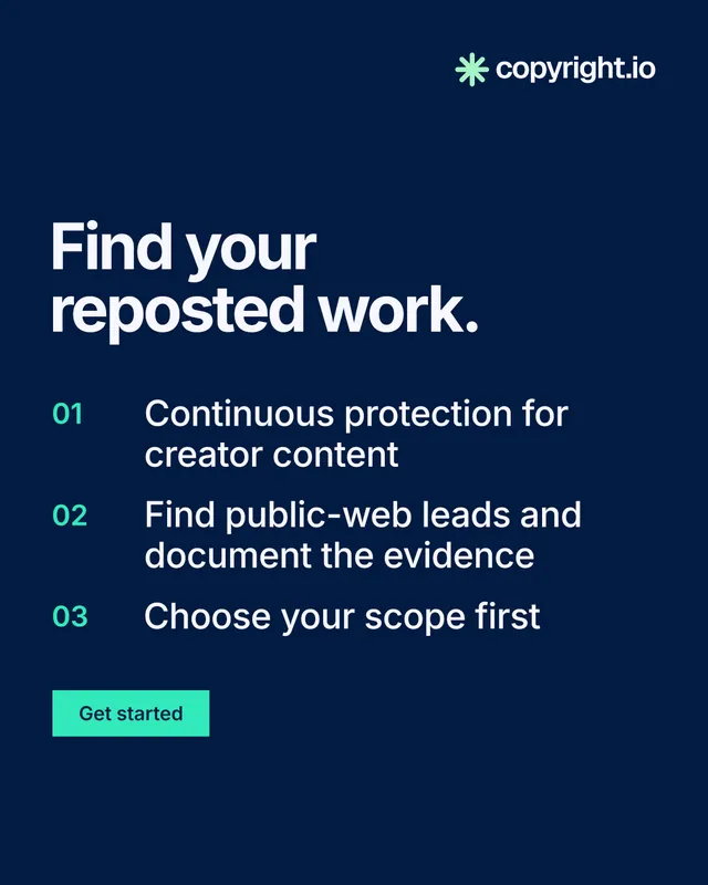 Instagram portrait post for copyright.io: "Find your reposted work." Swiss style, numbered layout, dark palette in blue.
