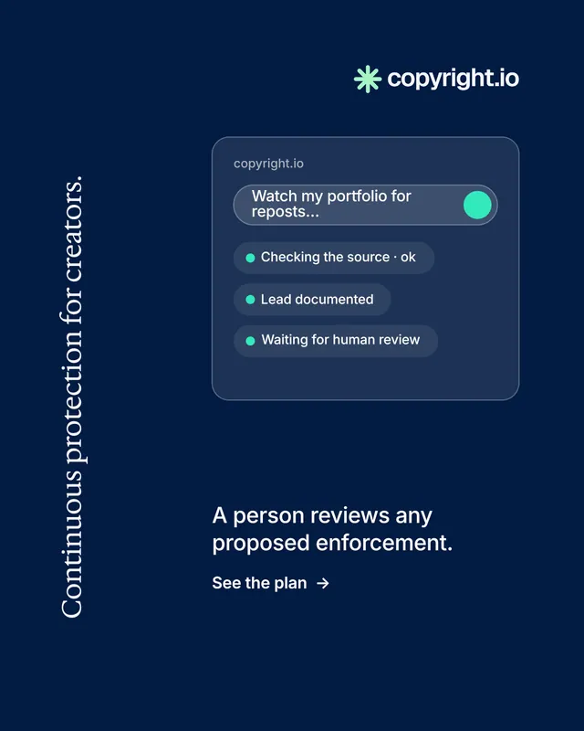 Instagram portrait post for copyright.io: "Continuous protection for creators." Minimal luxury style, vertical layout, dark palette in blue.