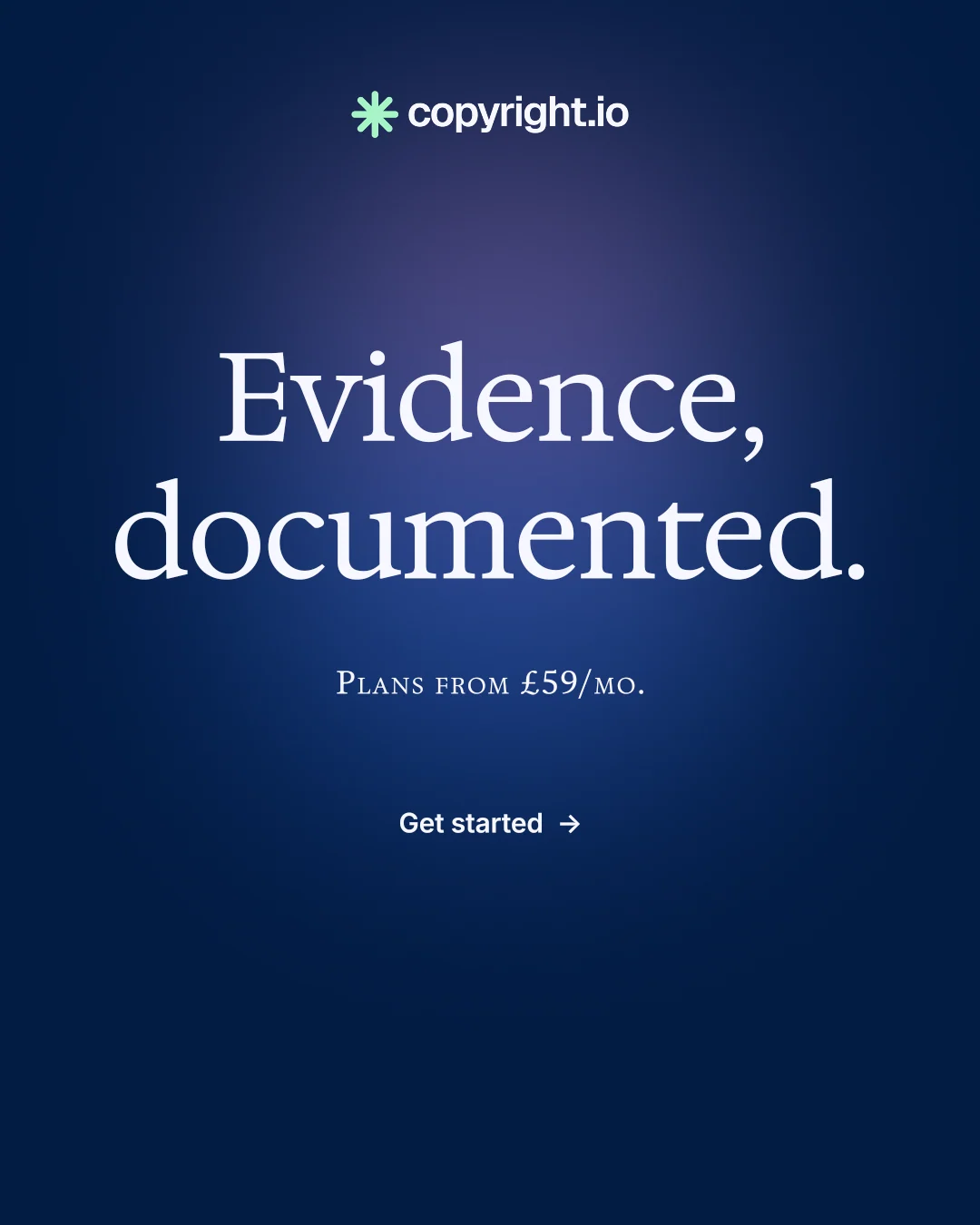 Instagram portrait post for copyright.io: "Evidence, documented." Y2K style, smallcaps layout, dark palette in blue.