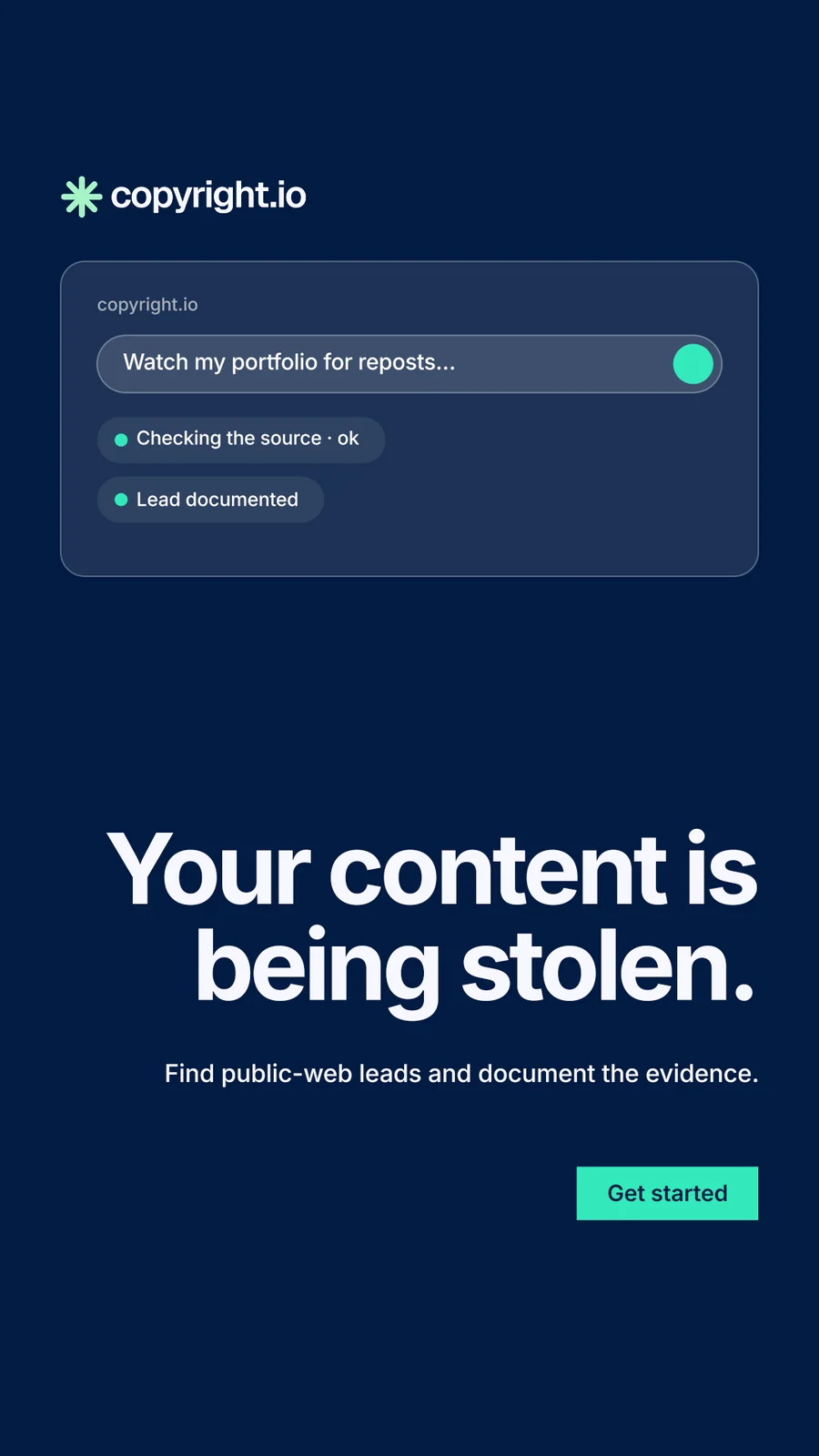 Instagram story for copyright.io: "Your content is being stolen." Swiss style, right layout, dark palette in blue.