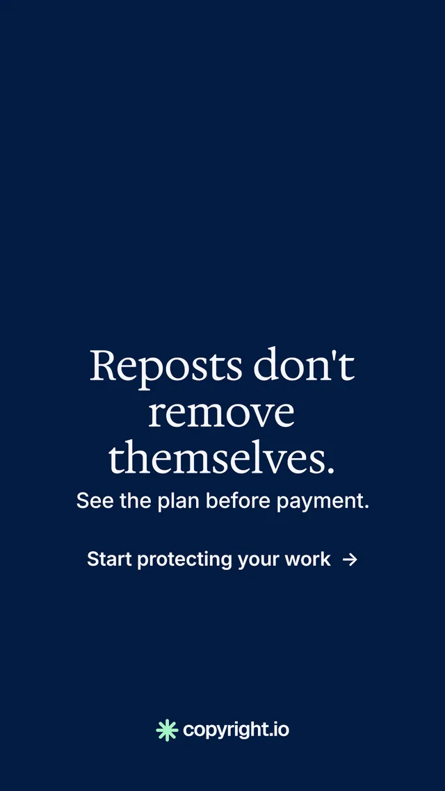 Instagram story for copyright.io: "Reposts don't remove themselves." Minimal luxury style, skeleton layout, dark palette in blue.