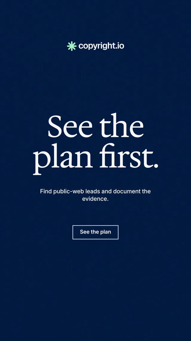 Instagram story for copyright.io: "See the plan first." Editorial style, centred layout, dark palette in blue.